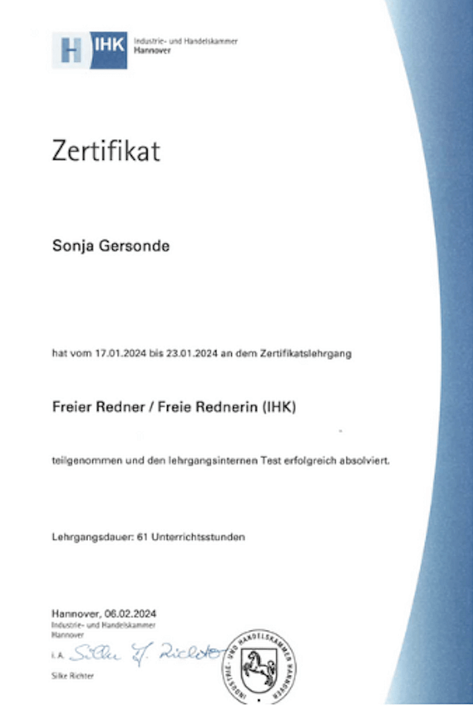 IHK-Zertifikat Freie Rednerin (IHK)